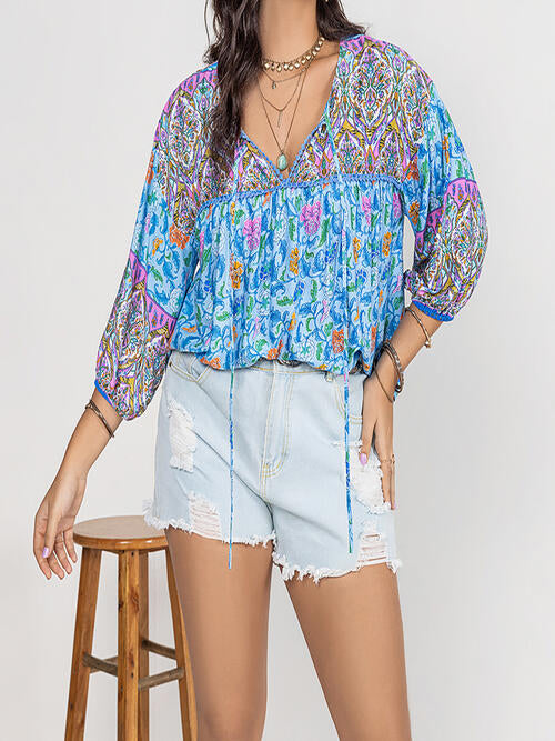 Plus Size Printed Tie Neck Balloon Sleeve Blouse BLUE ZONE PLANET