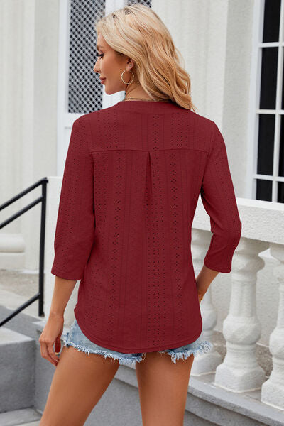 Blue Zone Planet | Eyelet Notched Knit Jacquard Top BLUE ZONE PLANET