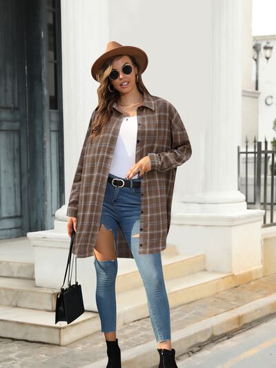 Blue Zone Planet | Plaid Button Up Dropped Shoulder Shirt BLUE ZONE PLANET