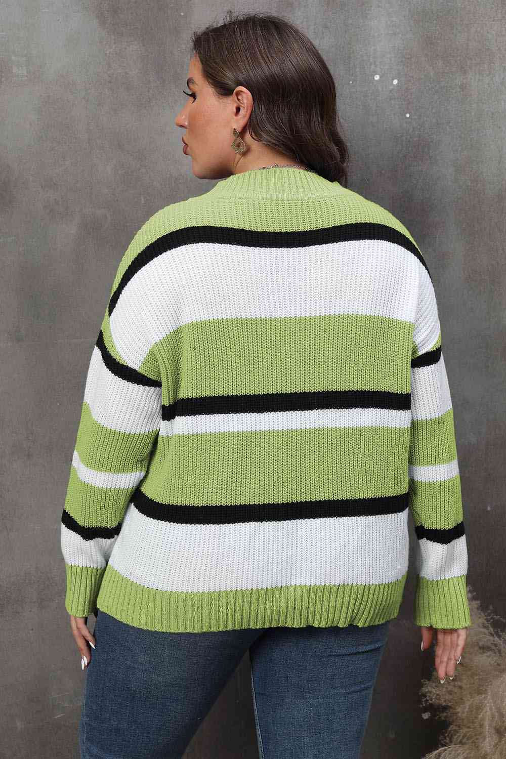 Plus Size Striped V-Neck Dropped Shoulder Sweater BLUE ZONE PLANET