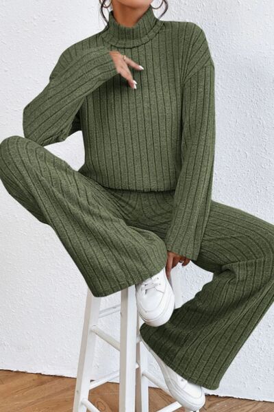 Blue Zone Planet | Mock Neck Dropped Shoulder Top and Pants Set BLUE ZONE PLANET