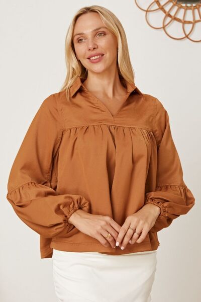 Balloon Sleeve Collared Neck Blouse Trendsi