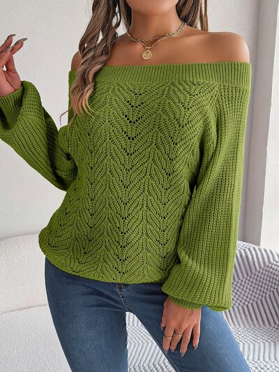 Blue Zone Planet | Openwork Off-Shoulder Long Sleeve Sweater BLUE ZONE PLANET