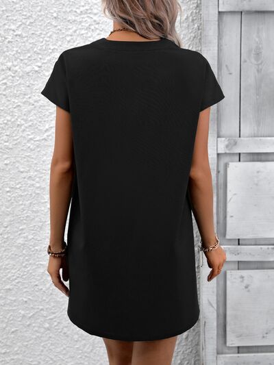 Printed Notched Short Sleeve Dress BLUE ZONE PLANET