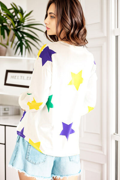 Blue Zone Planet | Star Print Round Neck Lantern Sleeve T-Shirt BLUE ZONE PLANET