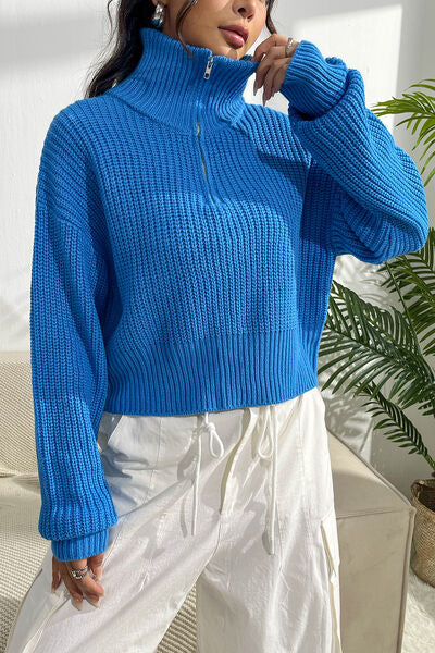 Blue Zone Planet | Quarter Zip Dropped Shoulder Sweater BLUE ZONE PLANET