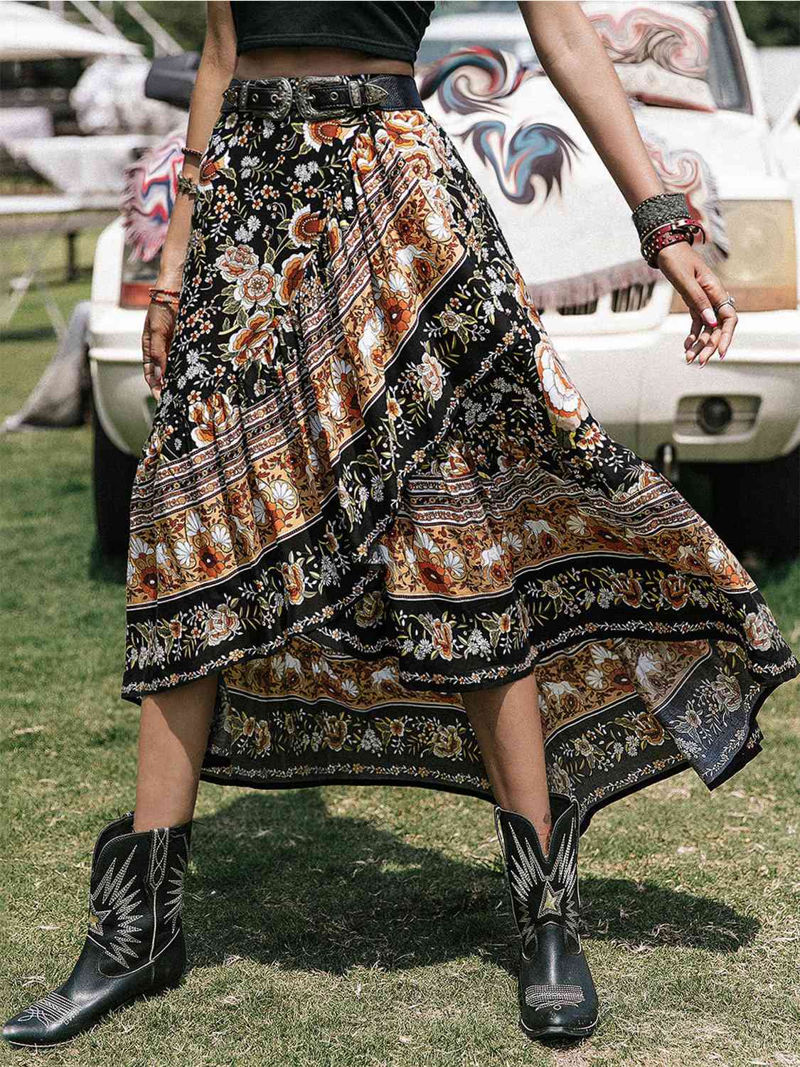 Printed High-Low Ruffle Hem Skirt BLUE ZONE PLANET