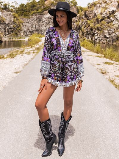 Blue Zone Planet | Printed Frill Half Button Balloon Sleeve Romper BLUE ZONE PLANET