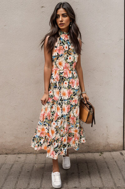 Blue Zone Planet | Printed Tiered Pocketed Mock Neck Midi Dress BLUE ZONE PLANET