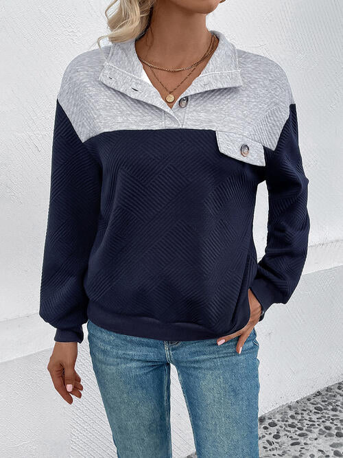 Textured Contrast Half Button Sweatshirt BLUE ZONE PLANET