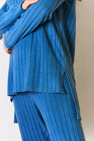 Blue Zone Planet | Basic Bae Full Size Ribbed Round Neck High-Low Slit Top and Pants Set BLUE ZONE PLANET