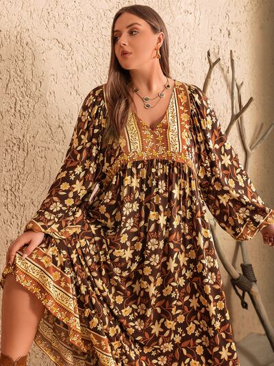 Blue Zone Planet | Plus Size Printed V-Neck Balloon Sleeve Dress BLUE ZONE PLANET