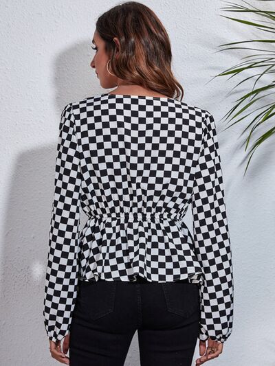 Checkered V-Neck Balloon Sleeve Peplum Blouse BLUE ZONE PLANET