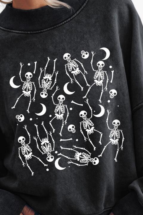 Skeleton Graphic Round Neck Long Sleeve Sweatshirt BLUE ZONE PLANET