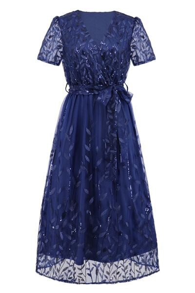 Blue Zone Planet |  Sequin Leaf Embroidery Tie Front Short Sleeve Dress BLUE ZONE PLANET