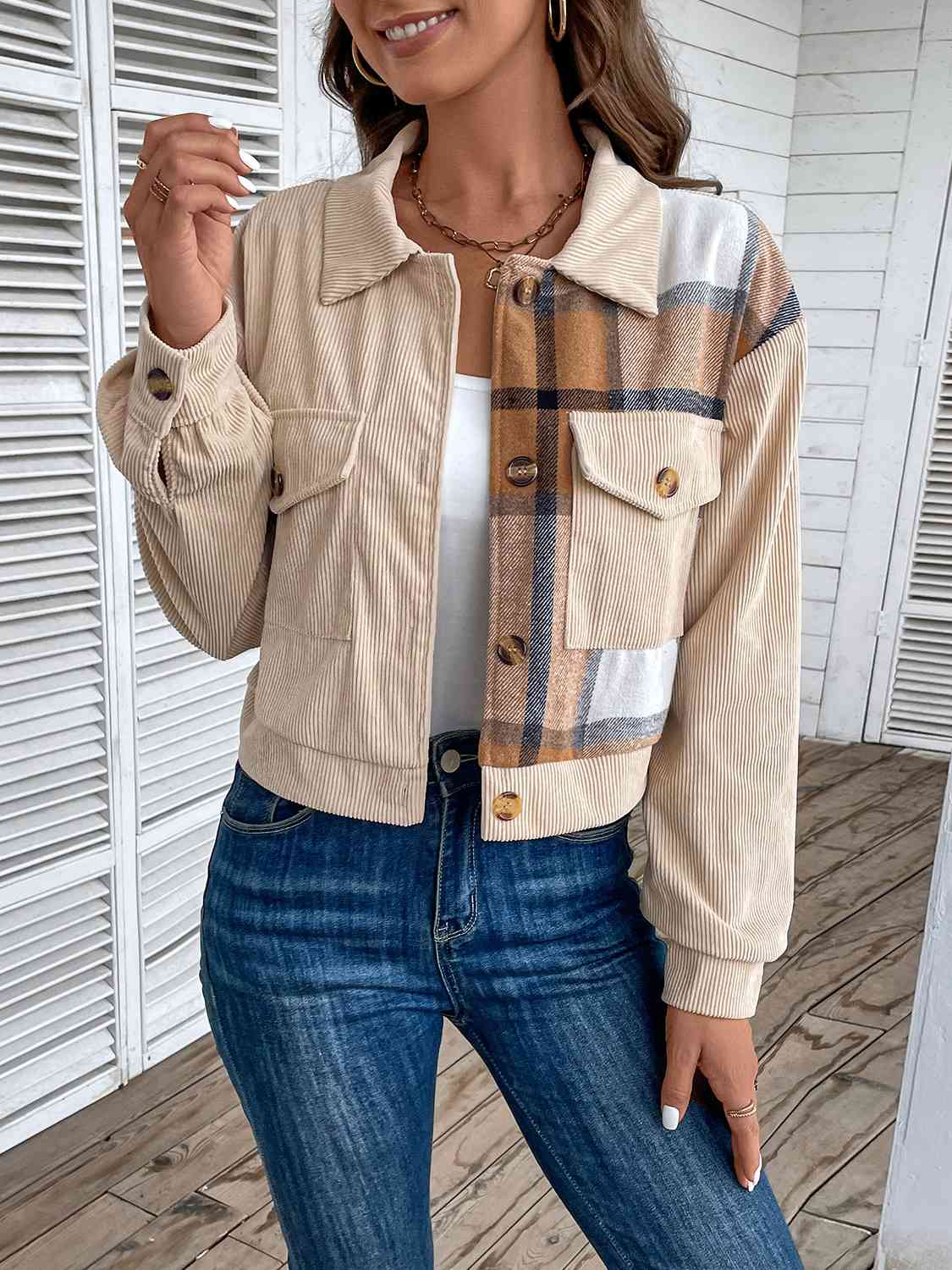 Color Block Collared Neck Button-Up Jacket BLUE ZONE PLANET
