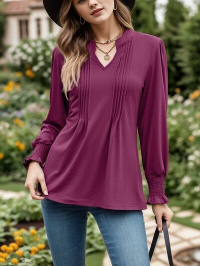 Blue Zone Planet | Notched Smocked Flounce Sleeve Blouse BLUE ZONE PLANET