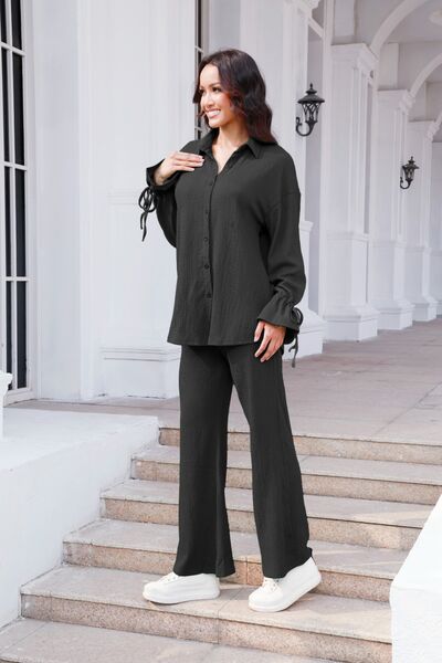 Blue Zone Planet | Drawstring Flounce Sleeve Shirt and Pants Set BLUE ZONE PLANET
