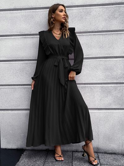 Blue Zone Planet | Pleated Surplice Tie Waist Maxi Dress BLUE ZONE PLANET