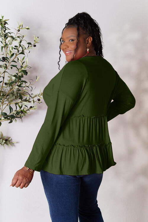 Double Take Half Button Long Sleeve Ruffle Hem Blouse BLUE ZONE PLANET