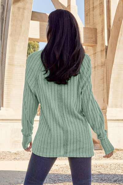 Basic Bae Full Size Ribbed Round Neck Long Sleeve Knit Top BLUE ZONE PLANET