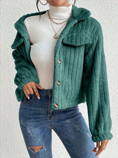 Blue Zone Planet | Fuzzy Button Up Collared Neck Jacket BLUE ZONE PLANET