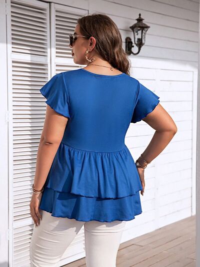 Plus Size V-Neck Flutter Sleeve Blouse BLUE ZONE PLANET