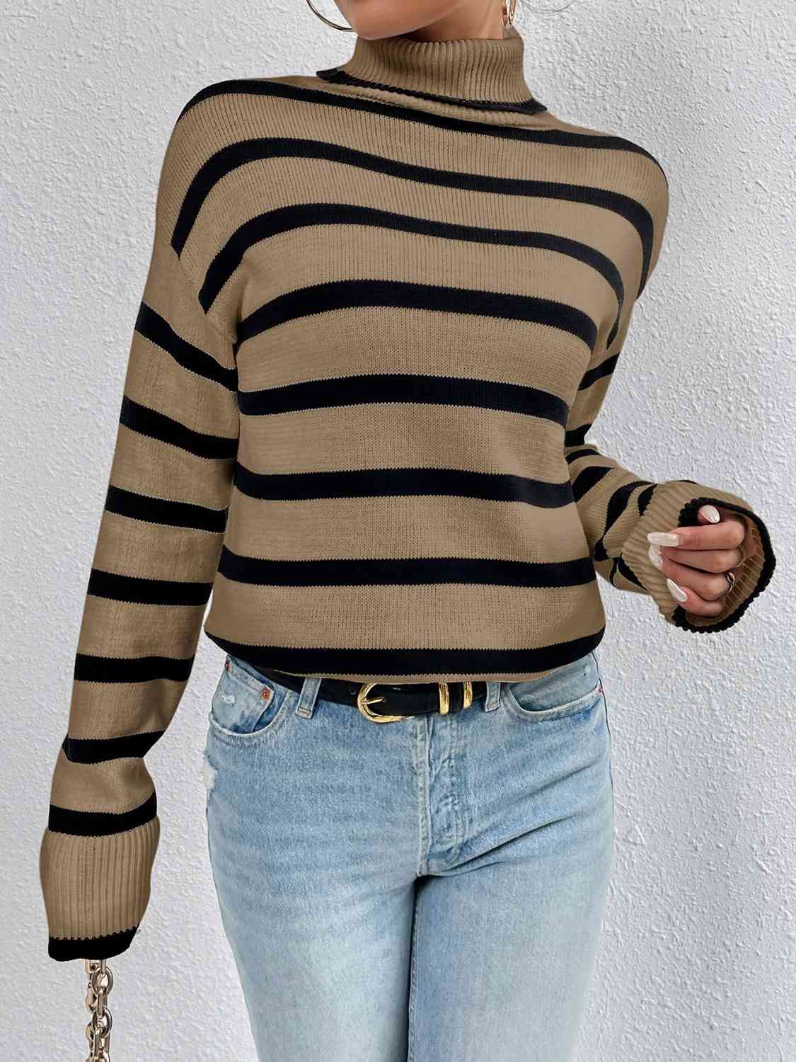 Striped Turtleneck Drop Shoulder Sweater BLUE ZONE PLANET