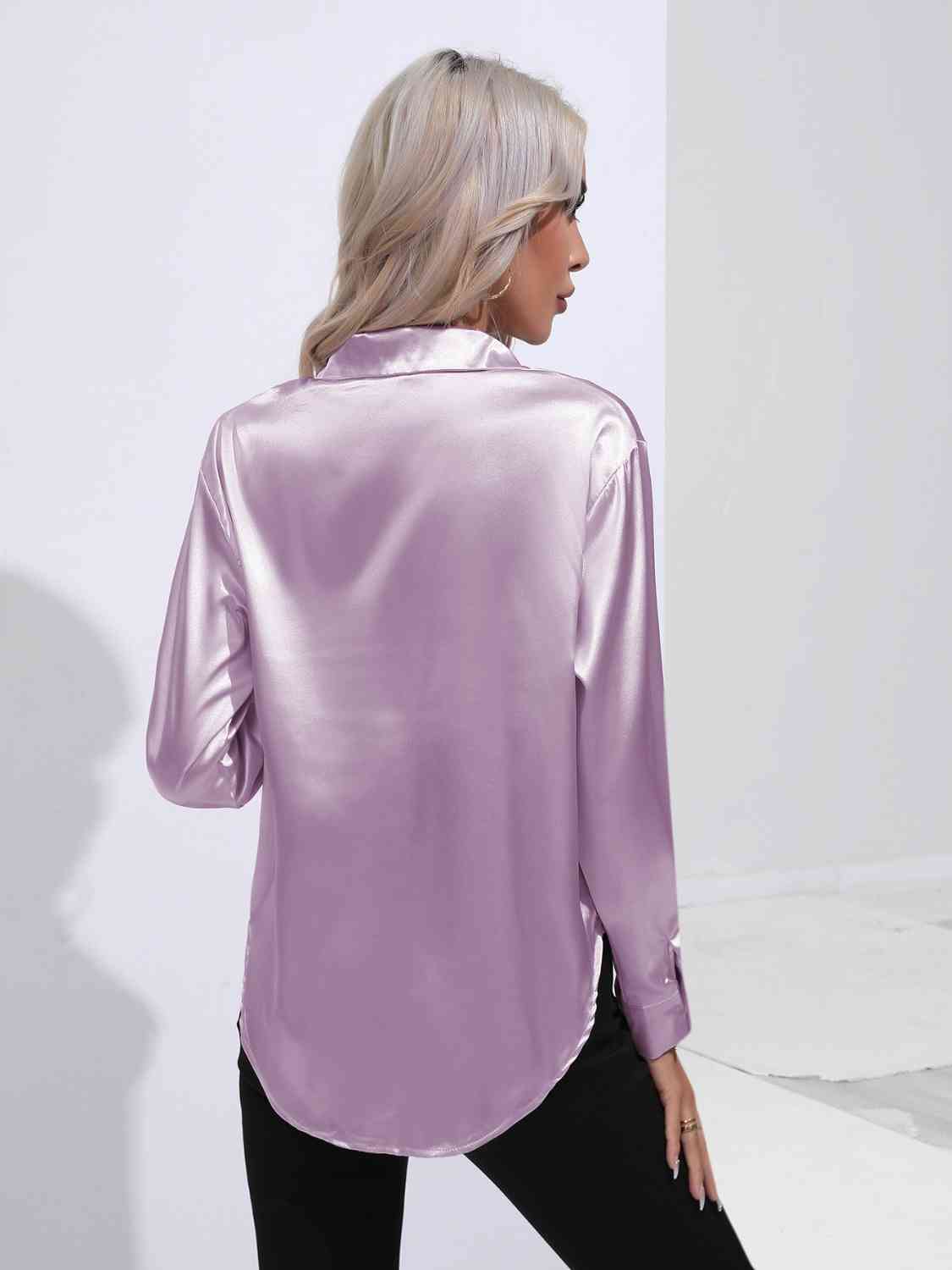 Collared Neck Buttoned Long Sleeve Shirt BLUE ZONE PLANET