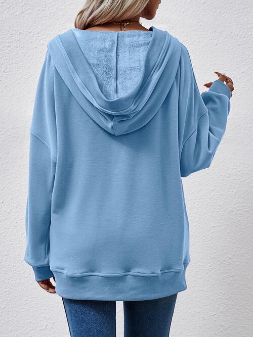 V-Neck Drop Shoulder Long Sleeve Hoodie BLUE ZONE PLANET