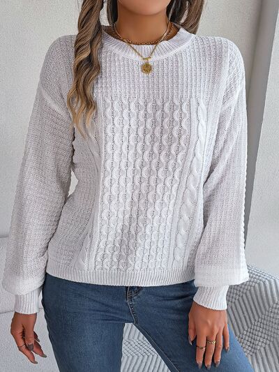 Blue Zone Planet | Cable-Knit Round Neck Long Sleeve Sweater BLUE ZONE PLANET