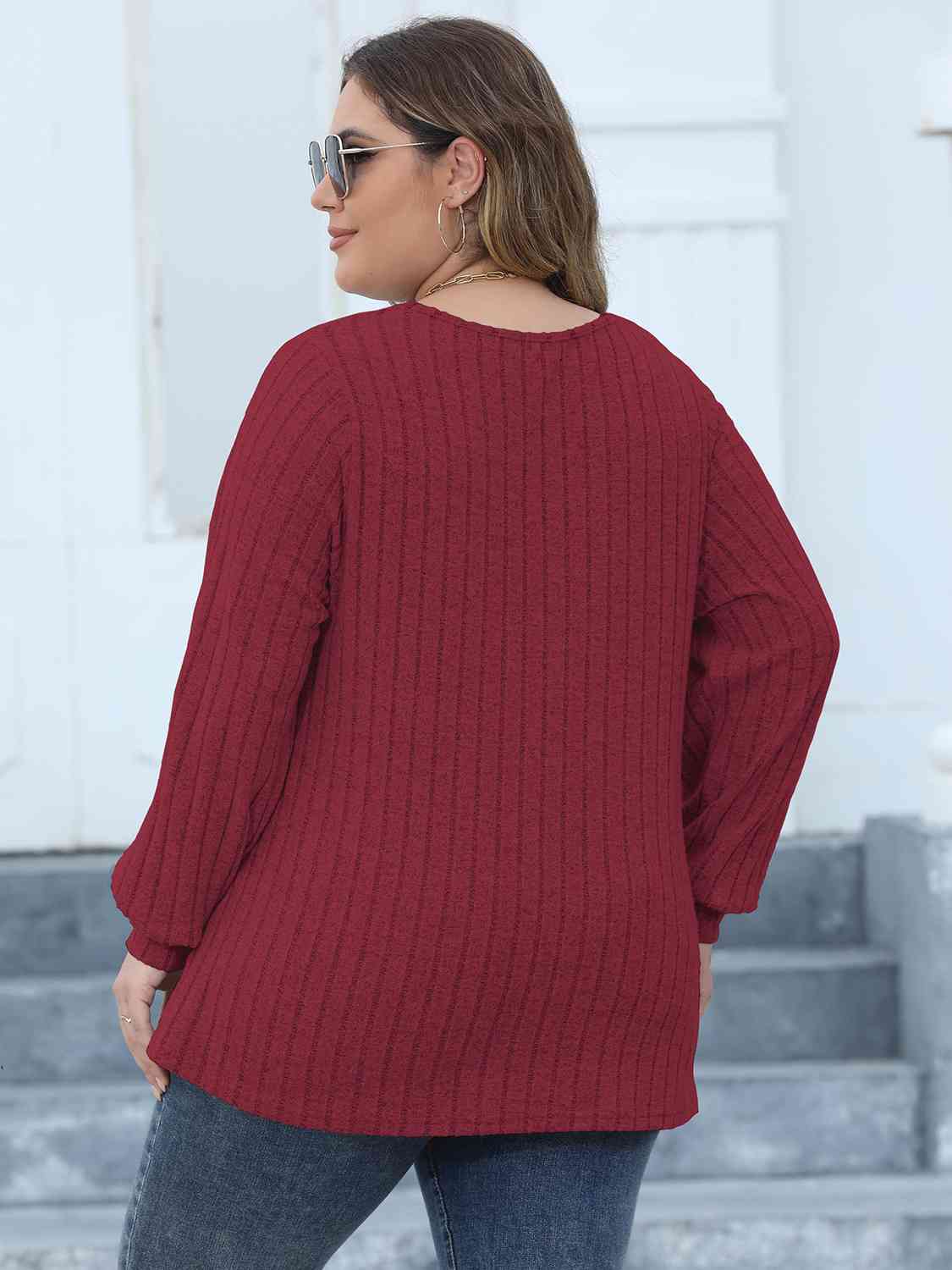 Plus Size Ribbed V-Neck Long Sleeve Top BLUE ZONE PLANET