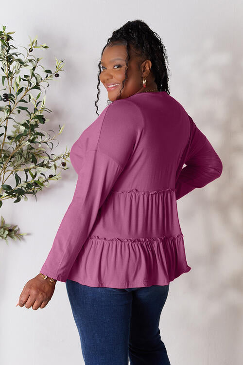 Double Take Half Button Long Sleeve Ruffle Hem Blouse BLUE ZONE PLANET