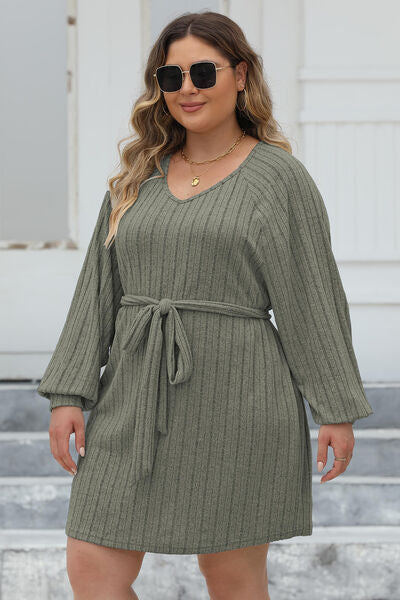 Plus Size Ribbed Tie Front Long Sleeve Sweater Dress BLUE ZONE PLANET