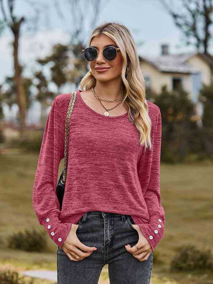 Round Neck Long Sleeve Buttoned T-Shirt BLUE ZONE PLANET