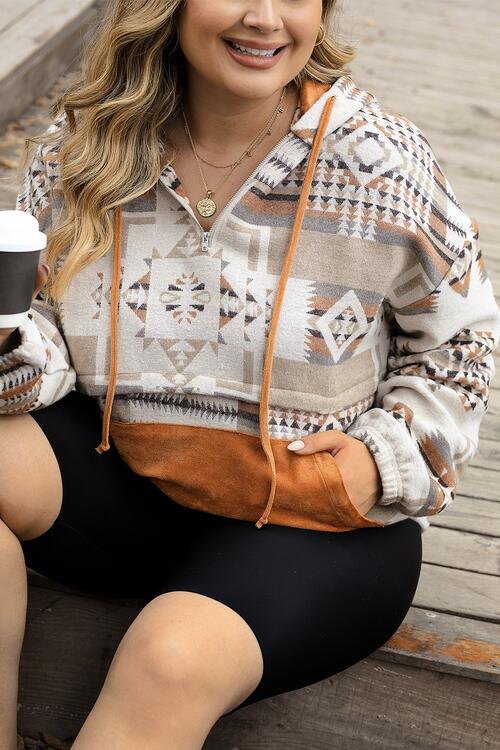 Plus Size Geometric Print Kangaroo Pockets Hoodie BLUE ZONE PLANET