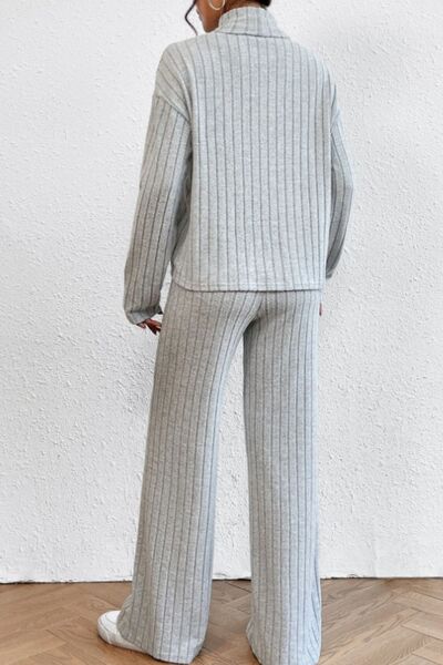 Blue Zone Planet | Mock Neck Dropped Shoulder Top and Pants Set BLUE ZONE PLANET