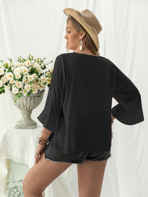 Double Take Plus Size Flower Crochet Flare Sleeve Top BLUE ZONE PLANET
