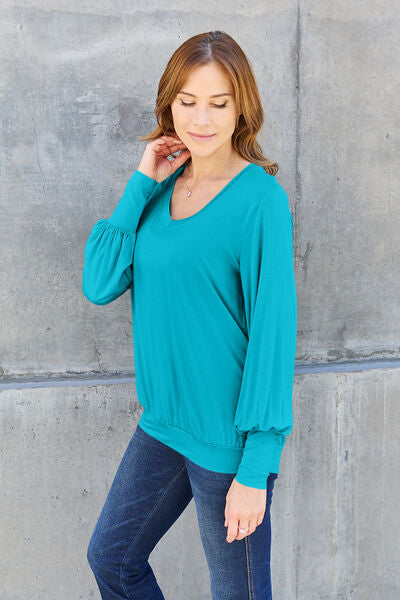 Blue Zone Planet | Basic Bae Full Size V-Neck Lantern Sleeve Blouse BLUE ZONE PLANET