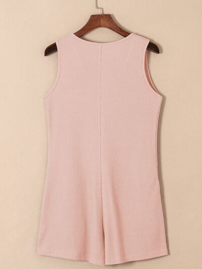 Waffle-Knit Half Button Sleeveless Romper with Pockets Trendsi