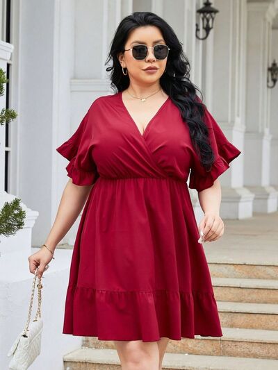 Blue Zone Planet | Plus Size Ruched Surplice Flounce Sleeve Mini Dress BLUE ZONE PLANET