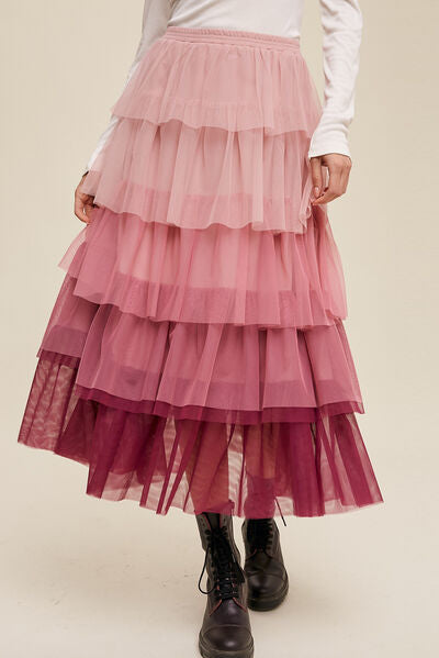 Blue Zone Planet | Elastic Waist Layered Tulle Midi Skirt BLUE ZONE PLANET