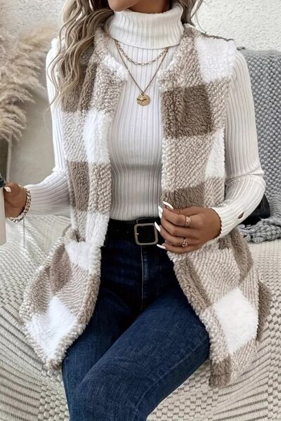 Sherpa Plaid Open Front Vest Coat BLUE ZONE PLANET