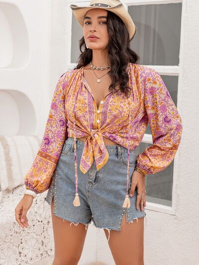 Blue Zone Planet | Plus Size Tie Neck Tassel Printed Blouse BLUE ZONE PLANET