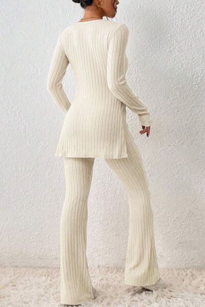 Blue Zone Planet | Ribbed Long Sleeve Slit Top and Bootcut Pants Set BLUE ZONE PLANET