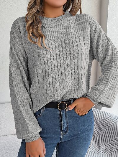 Blue Zone Planet | Cable-Knit Round Neck Long Sleeve Sweater BLUE ZONE PLANET