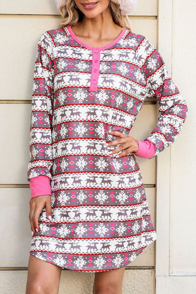 Blue Zone Planet |  Christmas Pattern Half Button Dress BLUE ZONE PLANET