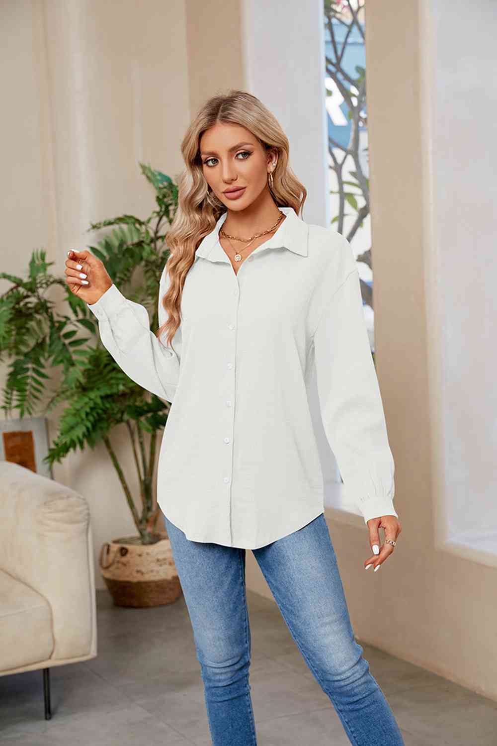 Collared Neck Buttoned Long Sleeve Shirt BLUE ZONE PLANET