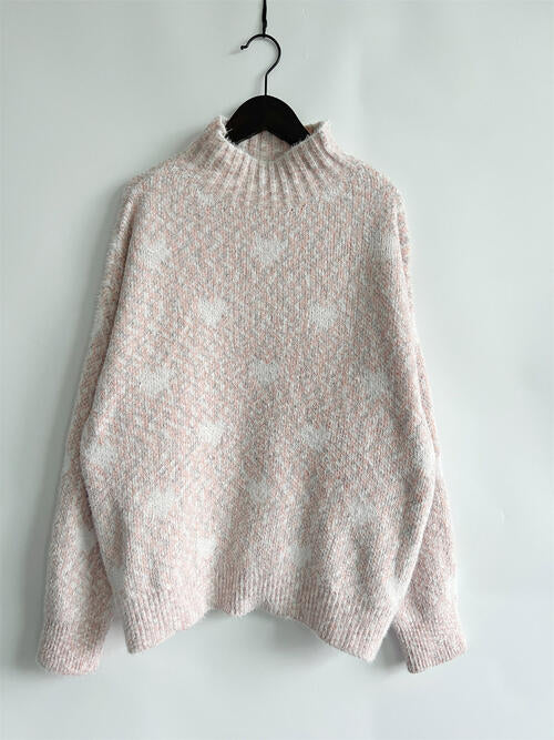 Blue Zone Planet | Heart Heathered Turtleneck Drop Shoulder Sweater BLUE ZONE PLANET