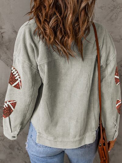 Football Sequin Button Up Dropped Shoulder Jacket BLUE ZONE PLANET